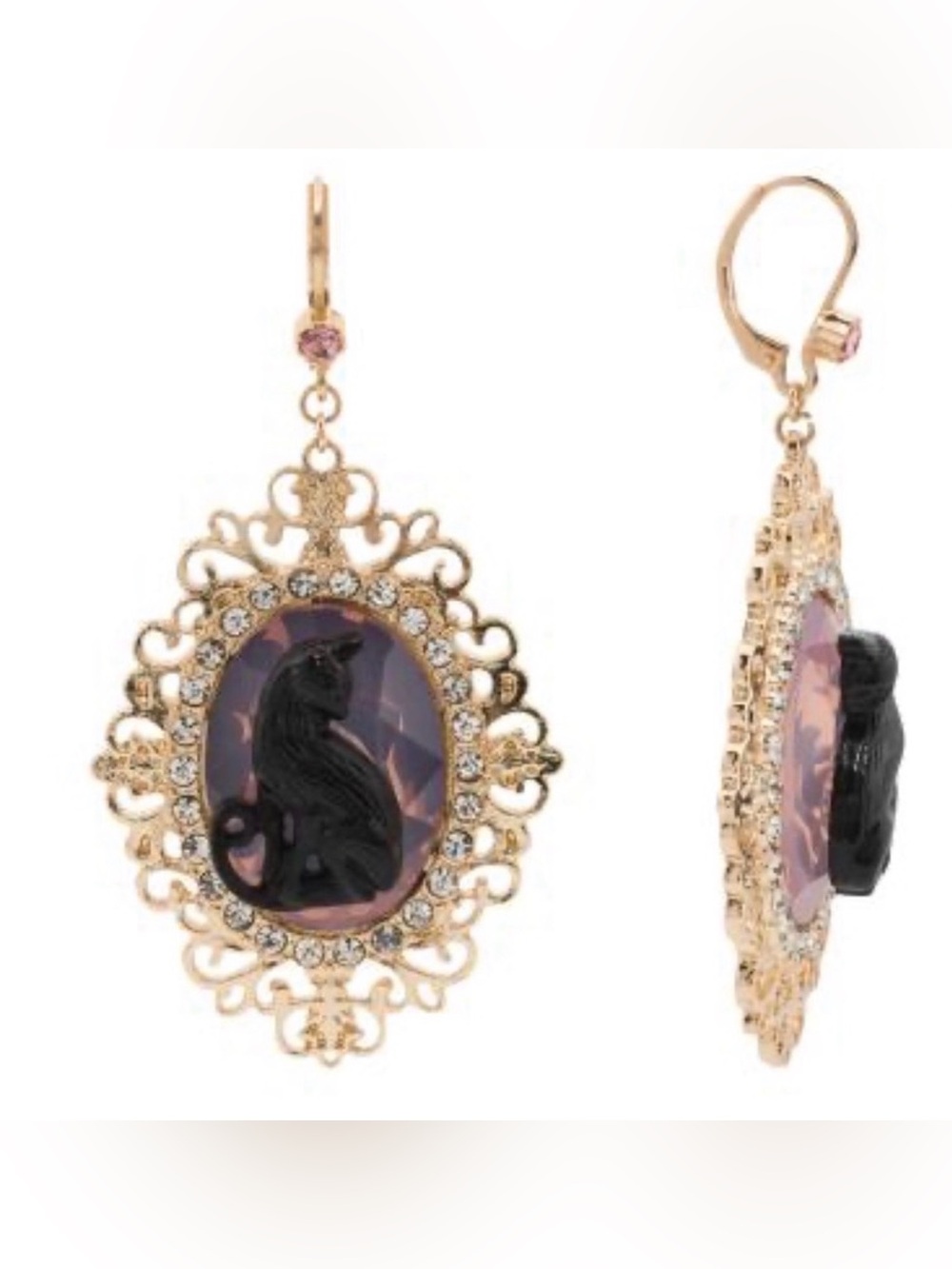 Betsey Johnson Gold-Tone Purple Cat Cameo Earrings with Black Cat Accent